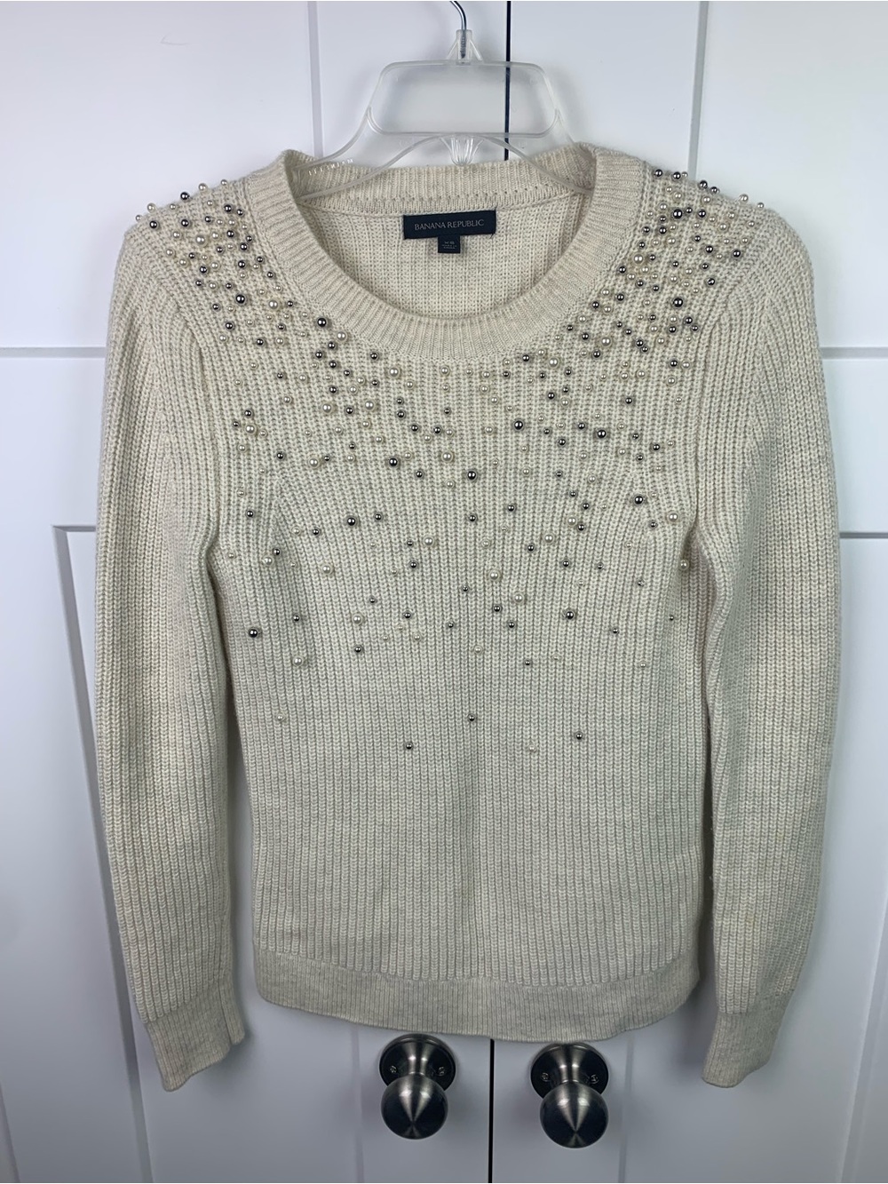 Banana Republic Women’s XS Ivory Beaded Pearl Knit Crewneck Pullover Sweater